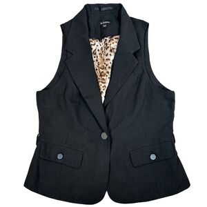 Le Chateau Black Sleeveless Blazer Vest Leopard Print Lining Button Front Medium